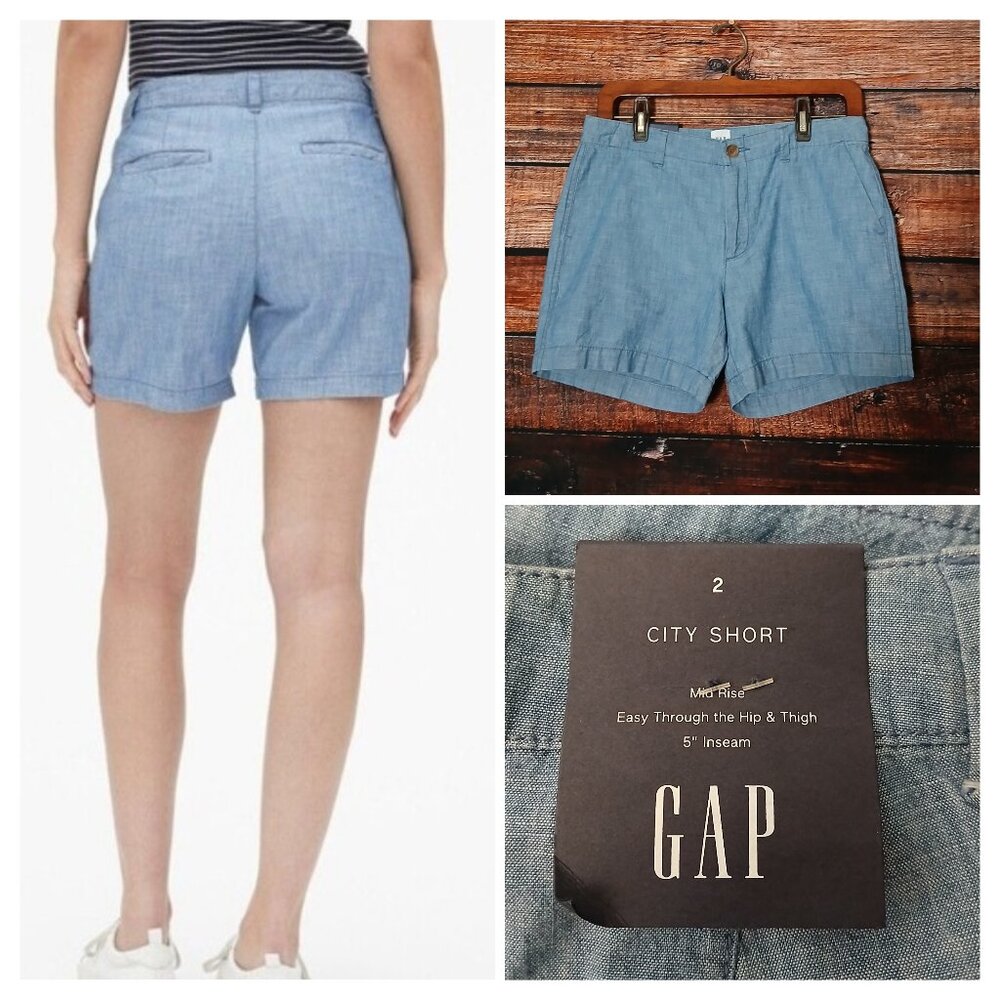 NWT GAP Shorts 2 City Short Chambray Blue Mid Rise Lightweight Cotton